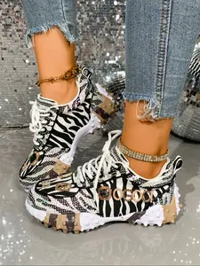 Women's Thick Sole Sport Shoes with Rhinestone Details, Fashion Casual Sneakers, Trendy Zebra Color Block Design, Daily Wear, Thick Soled Sneakers, Trendy Walking Sneaker