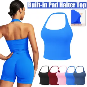 Jetjoy Women's Halter Longline Sports Bra with Removable Pads Ribbed Seamless Square Neck Workout Crop Tank Top for Yoga & Fitness Impact Halter Tank Top Longline Backless Scoop Neck Built-in Bra Sports Gym Crop Top SpringStatements