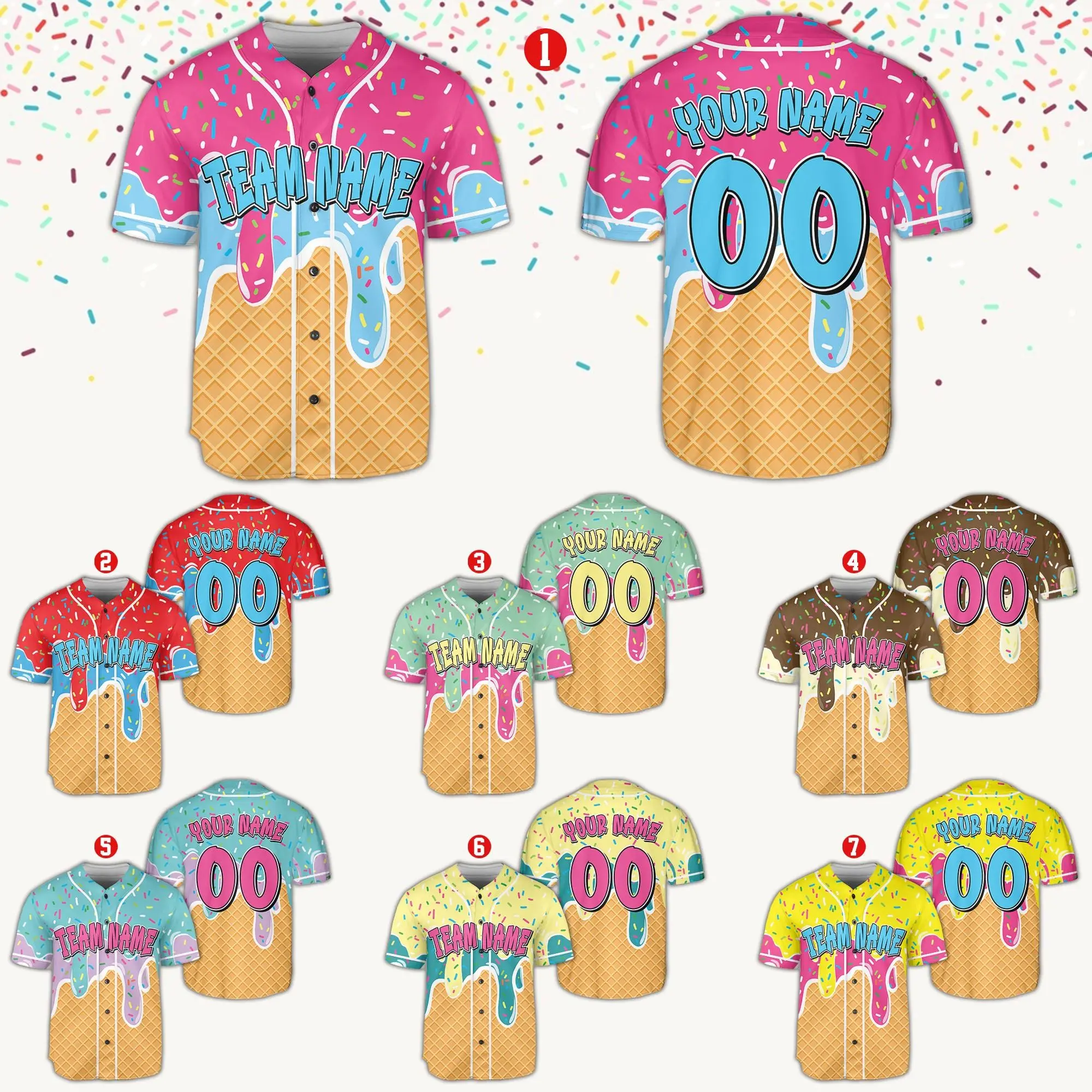 Personalized Ice Cream Drip Baseball Jersey, Custom Sprinkle Drip Baseball Jersey, Family Matching Birthday Outfit, Summer Baseball Fan Gift