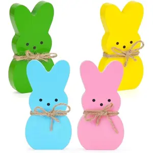 Easter Décor, 4 Pcs Bunny Table Decorations Wooden Spring Signs for Home, Wood Rabbit Tiered Tray/Mantal Décor for Farmhouse or Office Party Supplies