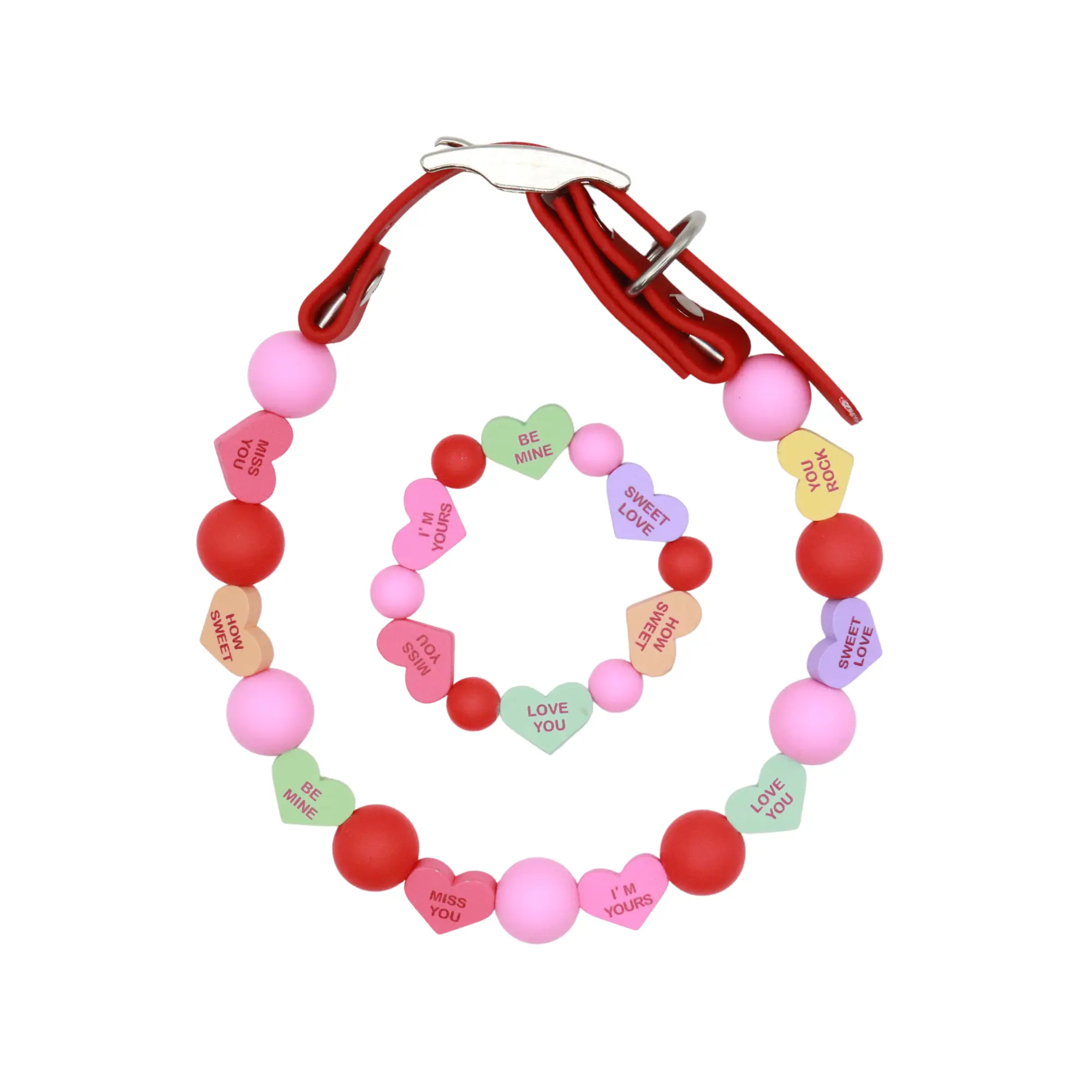 Matching Candy Valentines Day Beaded Dog Collar and Bracelet -Adjustable