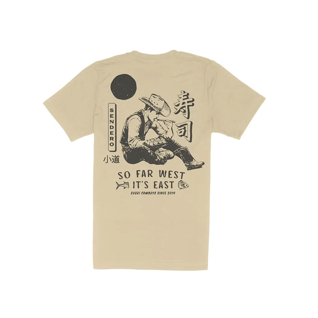 Sendero Provisions Co. Men's So Far West Graphic Tshirt, Soft Organic Cotton Blend with Japanese Text and Cowboy Print, Screen-Printed Inside Label