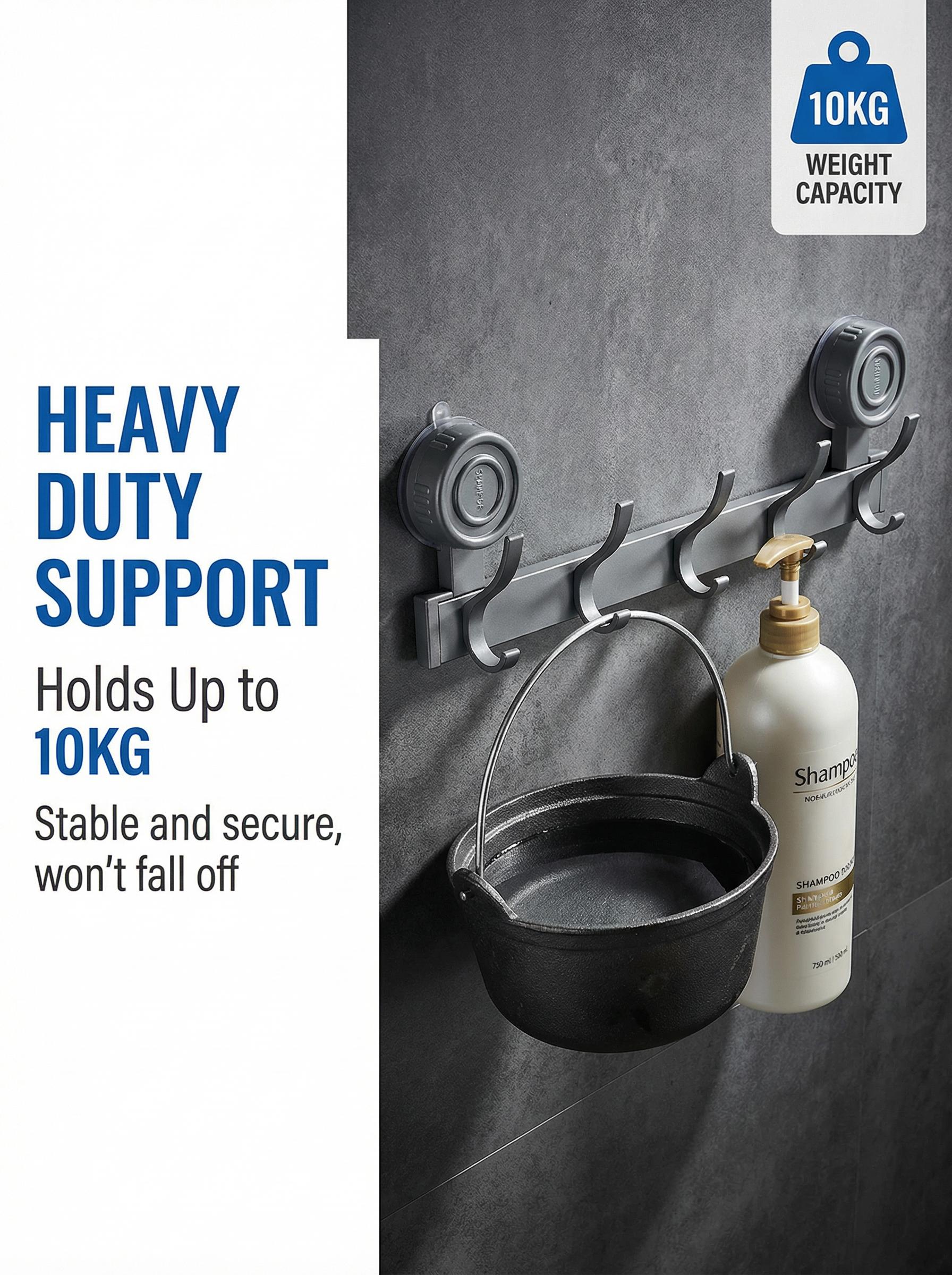 No Drill Succo Hook Rack, Heavy Duty Vacuum Suction Cup Towel Hooks for Bathroom, Wall Mounted Space Aluminum Hanger with 6 Hooks, Waterproof & Reusable, No Damage for Shower, Kitchen, RV, Renters, Hold Towels, Utensils, Robes, No Holes, Easy Install