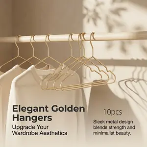 10-pack gold-plated metal hangers, heavy-duty non-slip, saves closet space, suitable for wardrobe, trousers and clothing storage.