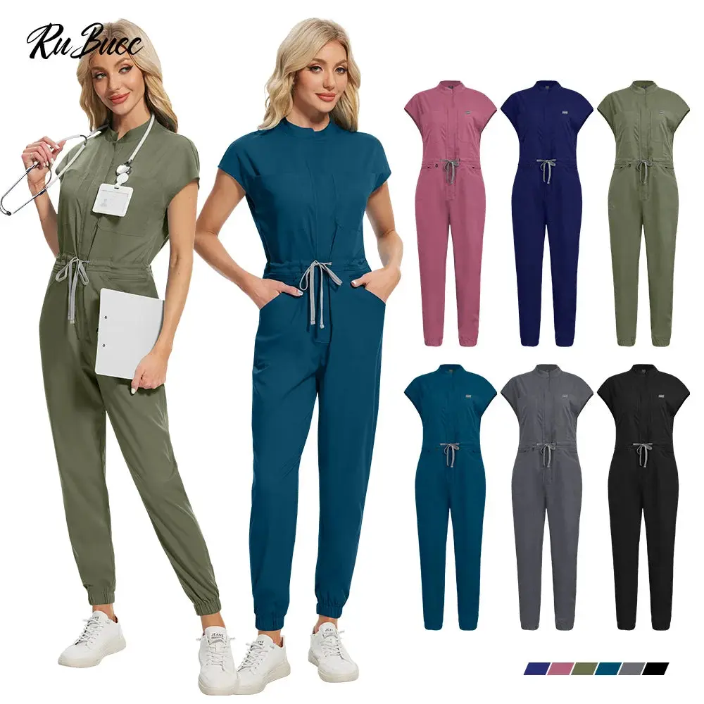 NiaaHinn Women's High-Quality Fitted Twill Jumpsuits-Overalls, Slim-Fitting Mock Neck, Short Sleeve, Polyester-Rayon Blend, Breathable Pockets, Basic Comfortable All-Season Workwear for Vets, 42166-Azure Blue Gowns, XS-XXL Sizes, Plain, Wholesale