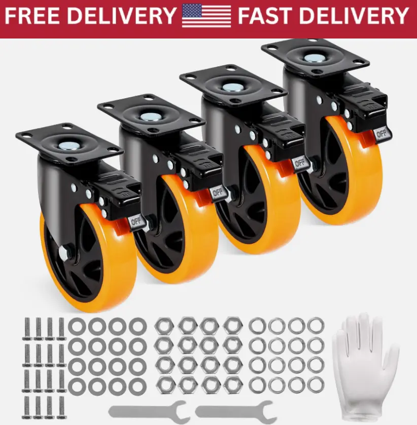 Caster Wheels Swivel Plate Casters 4 Pack 5" Heavy Duty with Locking Brake
