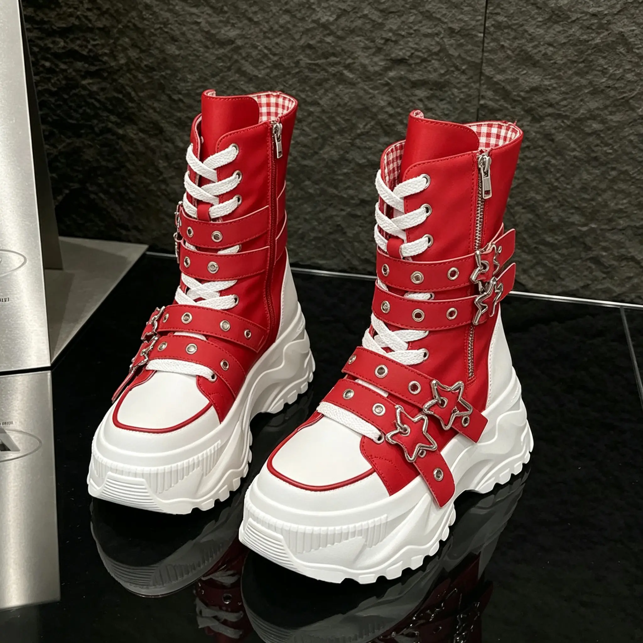 Women's Punk Platform Work Boots - Lace-Up, Side Zipper, Mid-Calf Height, Walking Shoes for Street Outfits, Music Festivals