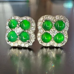 Lush green four leaf clover silver earrings, natural Grade A Guatemala Jadeite Earrings, jadeite Jade stud earrings, lucky jade earrings (no certificate)