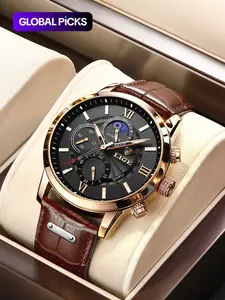 Men's Business Fashion Round Dial Analog Quartz Watch, Summer 2024 Casual Pu Leather Strap Watch, Perfect Gift for Men, with Box