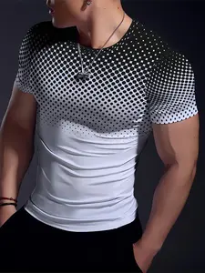 Men's Polka Dot Geometric Sports Short Sleeve T-Shirt, High Elasticity Comfortable Skin-Friendly Round Neck, Ideal for Vacation & Fitness, Gym Tees