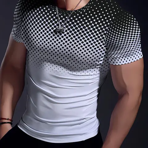 Men's Polka Dot Geometric Sports Short Sleeve T-Shirt, High Elasticity Stretch Athletic Tee Activewear Tee, Comfortable Skin-Friendly Round Neck, Ideal for Vacation & Fitness, Gym Tees, Athletic Tops, Fitness Shirts, Activewear Clothes, Fitness Apparel