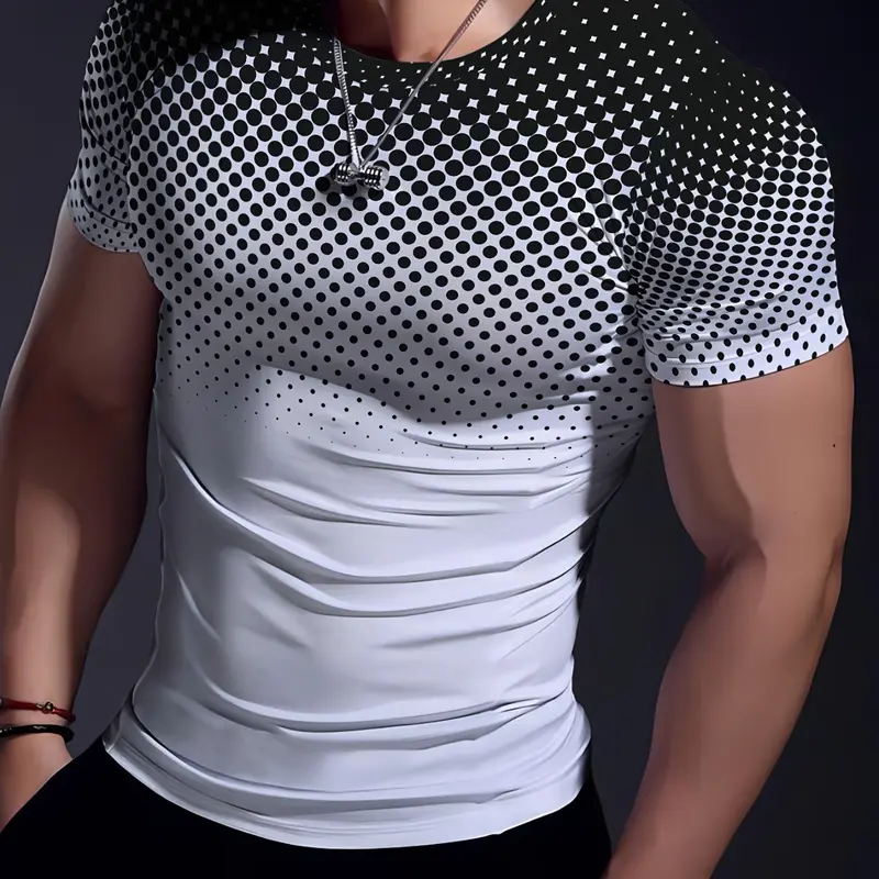 Men's Polka Dot Geometric Sports Short Sleeve T-Shirt, High Elasticity Stretch Athletic Tee Activewear Tee, Comfortable Skin-Friendly Round Neck, Ideal for Vacation & Fitness, Gym Tees, Athletic Tops, Fitness Shirts, Activewear Clothes, Fitness Apparel