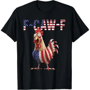 Unisex "F-CAW-F" Patriotic Chicken T-Shirt American Flag Distressed Design Soft Cotton Short Sleeve Crew Neck Top Funny USA Pride Streetwear Tee