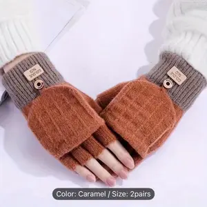 2pairs Thermal Winter Flip Top Fingerless Mittens | Convertible Women Warm Gloves, Acrylic, Hand Washable