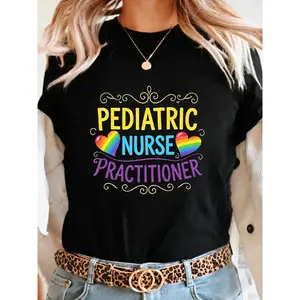 Womens Pediatric Nurse Practitioner Graphic Tee Rainbow Heart Print Crewneck Short Sleeve Shirt Cute Casual Top for Work Hospital Pride Season Gifts