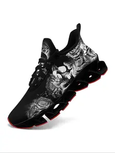 Men's Street Trend Skull & Floral Print Lace Up Sneakers, Sporty Running Shoes, Trendy Breathable Comfortable Sports Running Shoes, Fashionable Sneakers for Daily Wear, Athletic Running Shoes