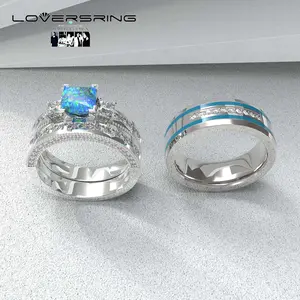 TWO RINGS Wedding Ring Sets His And Hers Promise Ring Couples Bridal Sets Women 925 Sterling Silver Opal Man Titanium Brushed Finished Wedding Band