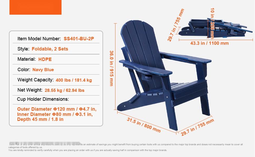 Adirondack Plastic Outdoor Chairs Set of 2, All-Weather Folding Seating, Navy Blue, Weather-Resistant and UV Protected, Durable Patio Garden Furniture for Deck, Porch, Lawn, Easy-Care, Lightweight