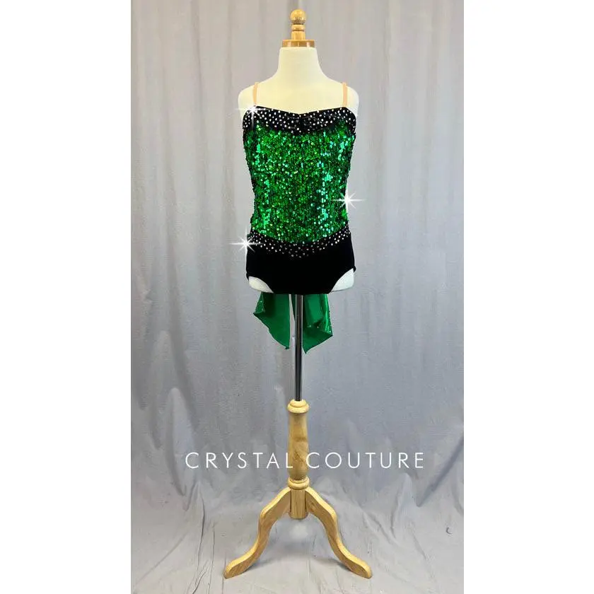 Green Sequin Leotard with Velour Bottoms & Back Bow - Rhinestones