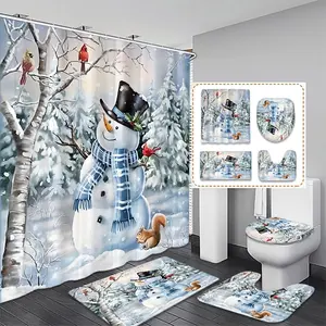 Christmas Theme Waterproof Shower Curtain Set, Winter Snowman Design Polyester Bath Mats, High-Quality Non-Slip Bathroom Accessories