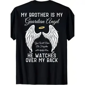Menswear Cotton Fabric Round Neck Guardian Angel Memorial T-Shirt, Fashion Remembrance Graphic Tee, Sibling Memorial Casual Outfit