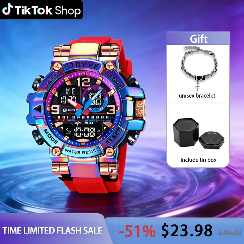 Men's Colorful Punk Style Quartz Watch  Multi-Functional Water Resistant Dual Display Wristwatch Trendy Fashion Sport Watch, Birthday Gift with Tin Box