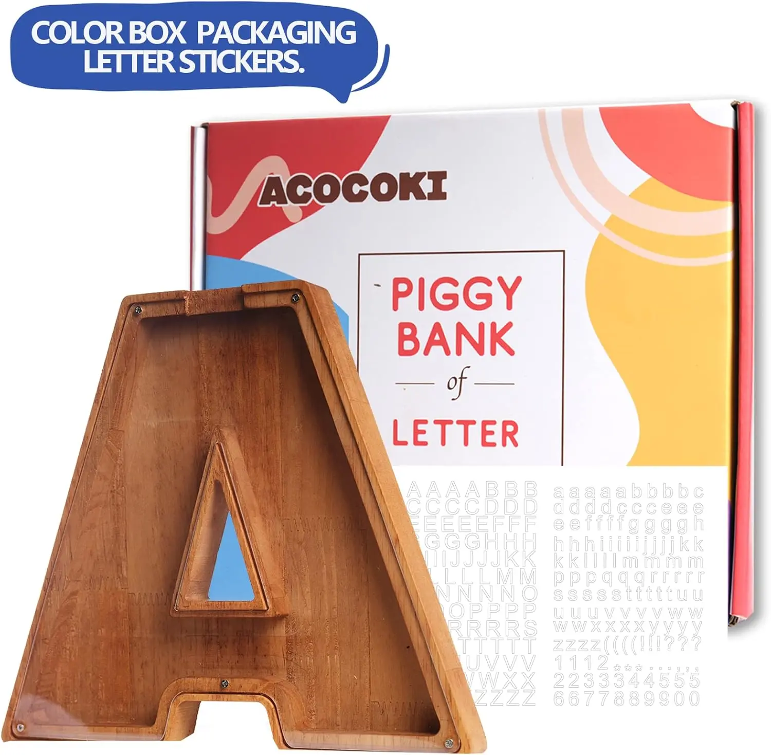 Hand-Carved Wood Alphabet Letters Piggy Bank with Acrylic Cover - Waterproof Cash & Coin Saving Box, Hollow Interior, Screw Secure, Tin Storage, Gift Packaging, Kids Room Decor Ornaments, Valentine's Day Item