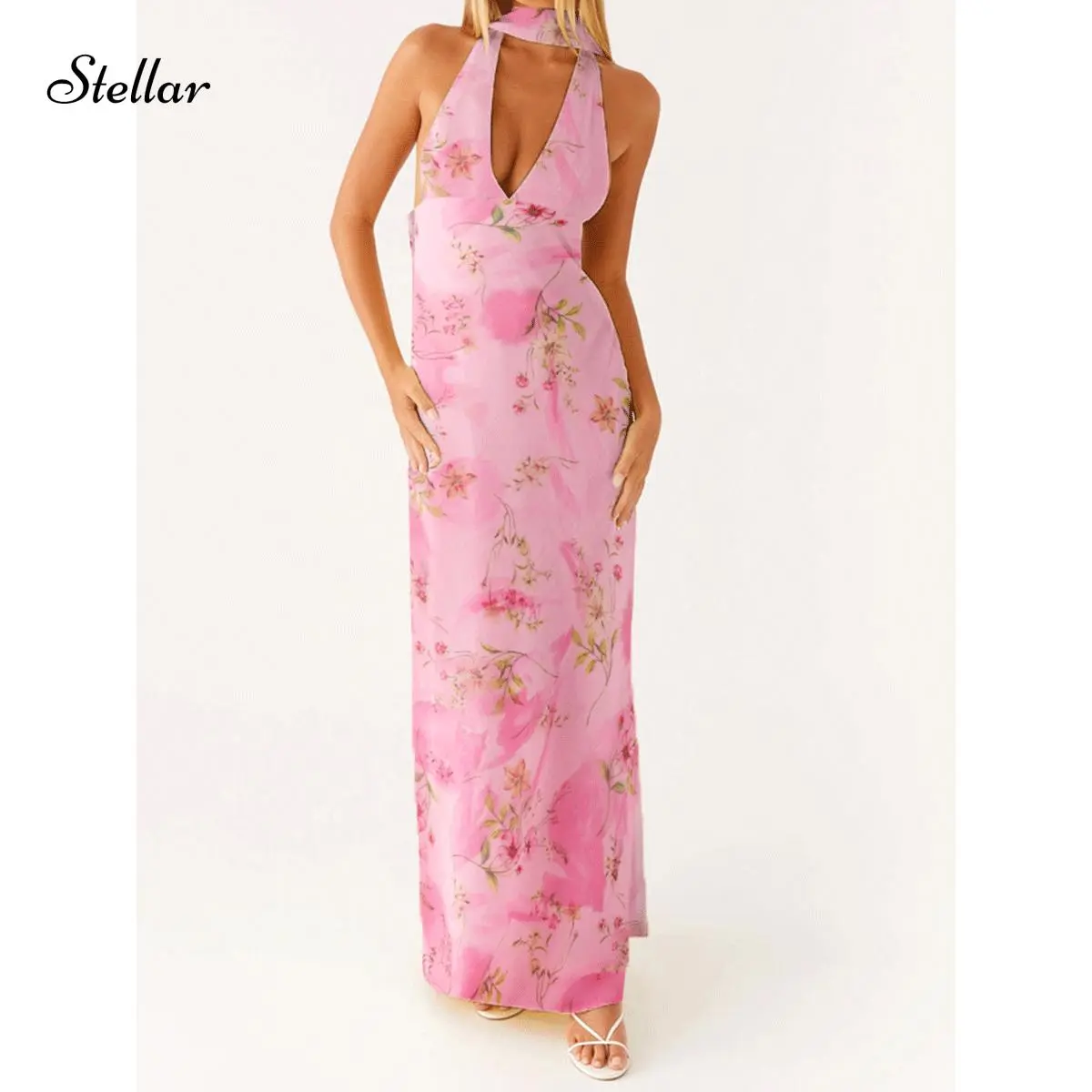 slim fit dress slacks White Floral Bodycon Dress Halter Neck main image 1
