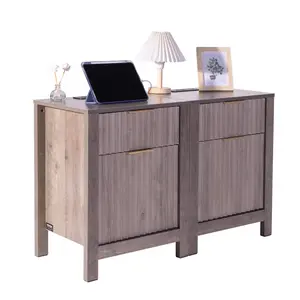 VEVOR Farmhouse End Table Set of 2,  Nightstand with Charging Station, 3 Tiers Side Table with Storage Cabinet and 2 Drawers, Side Table with USB Ports and Outlets, Ideal for Living Room, Bedroom, Gray
