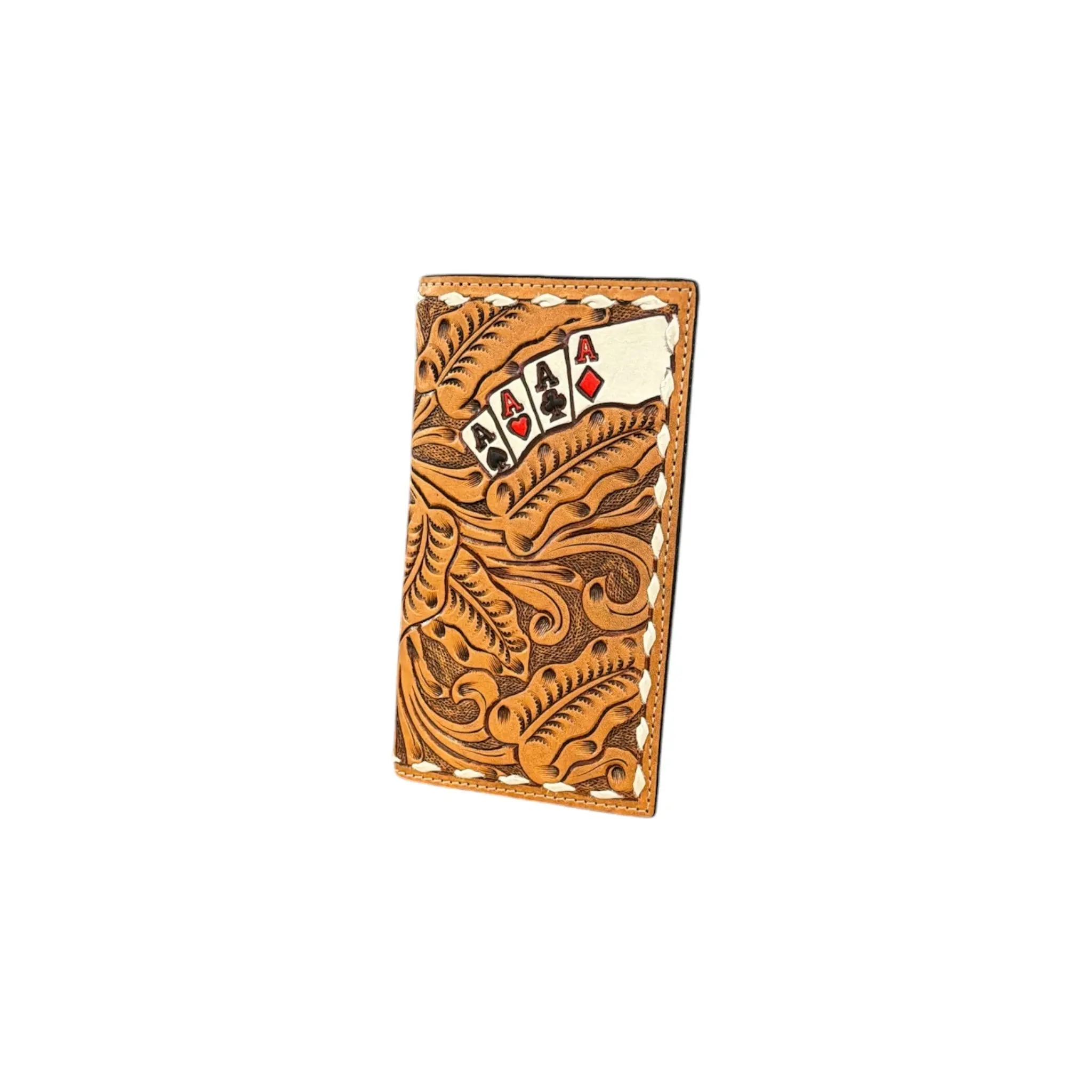 Men's Western Genuine Tooled Leather Wallet - Hand-Tooled Floral Design & 4 Ace Art, Tall Slim Profile, Card Slots, White Lace Edges, Pocket-Fit, Stylish Cowboy Accessory, Gifts for Boyfriend, Everyday Carry, Western Wallets