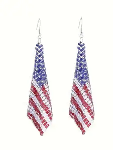 Women's Fashion Dangle Earrings, Chain Dangles, Blue Net Fabric Flag Design, Independence Theme, Perfect for Independence Day Parties & Gifts