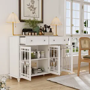 FUFU&GAGA Buffet Sideboard Storage Cabinet with Glass Doors, 2 Drawers & 4 Storage Compartments, Kitchen Cupboard Console Table with Legs, White (47.2”L x 15.7”W x 35.4”H) Furniture Organization