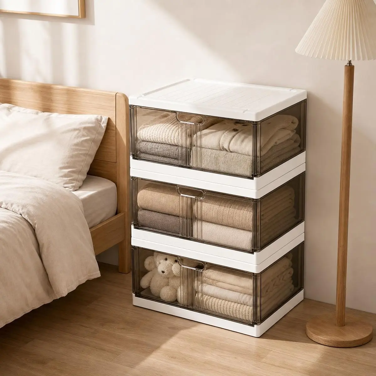 Foldable Transparent Lidded Plastic Storage Box - Stackable Multi-Functional Home Organizer for Clothes, Books - Ideal for Wardrobes, Living Rooms