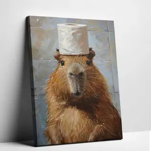 Funny Capybara Toilet Paper Canvas Wall Art | Quirky Unframed Bathroom Poster | Humor Room Decor