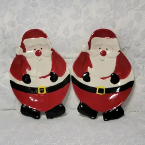 Set of 2 Santa Claus Holiday Candy Cookie Dessert Ceramic Trinket Candy Plate