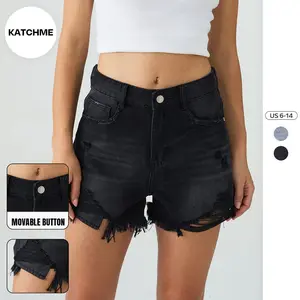KatchMe Women's Leisure High Waist Raw Hem Pockets Ripped Denim Shorts, Streetwear Outfits, Vintage Women's Bottom for Spring & Summer