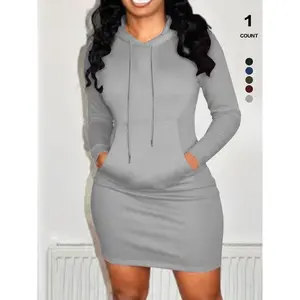2026 women's solid color drawstring hooded sportswear dress, autumn and winter casual long sleeved pocket dress, women's daily clothing, women's clothingRAIMENTRY
