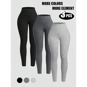 INAWLY 3pcs Women Solid Color Ribbed Leggings Fall Cloth For Women