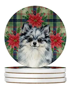 Carolines Treasures WDK8760RCS4 4 x 4 in. Blue Merle Pomeranian Christmas Poinsettias Large Sandstone Coasters, Pack of 4