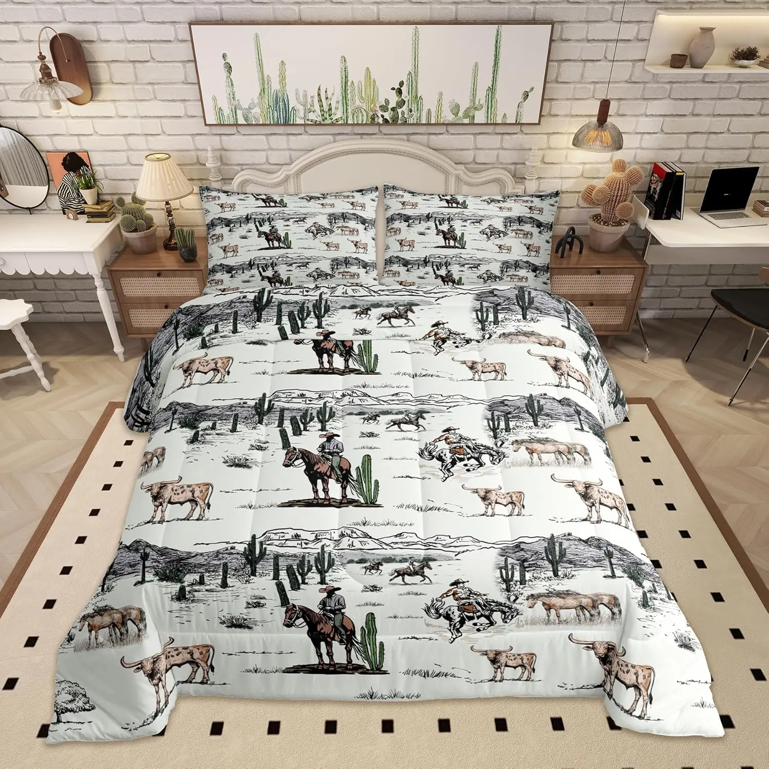 Feelyou Vintage Western Cowboy Queen Bedding Set - Digital Print Duvet Cover with Desert Cactus, Cow, Horse Motifs, Artistic Design for Kids' Western Bedroom Decor, Unique Bedding Sets