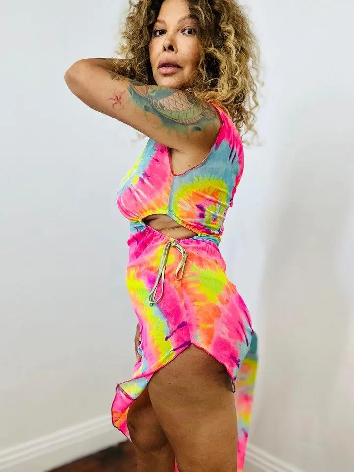 Cindy Dress - Tie Dye Off Shoulder Asymmetric Cut Out Sash Mesh Fabric Drop Shoulder Made in California