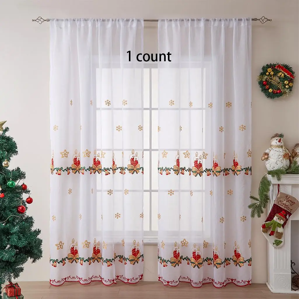 Christmas Themed Embroidery Curtain, 1 Count Exquisite Holiday Party Tree Pattern Curtain, Window Curtain for Home Living Room Bedroom Decor