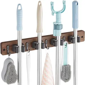 Mop and Broom Holder Wall Mount - Wood Broom Mop Hanger - Wall Mounted Garden Tool Rack Organizer for Closet Garage Laundry Room, Rustic Kitchen Decor With 4 Slots & 4 Hooks