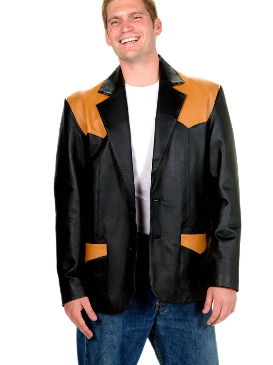 Men's Genuine Leather Cowboy Soft Leather Blazer Black/Mango Style#369PN Two Front Buttons Closure Two Front Pockets One Inside Pocket Top Quality Jacket