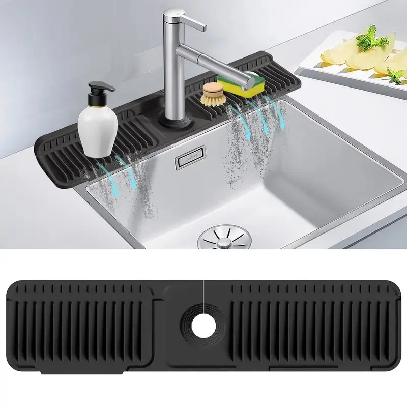 24-Inch Adjustable Silicone Kitchen Sink Protective Mat - Home Supplies Organizer Storage Holder, 5° Slope Fast Drying Self-Draining Splash Guard, Non-Slip, Corrosion Resistant, Durable, Easy to Clean, Scratch Resistant Draining Board