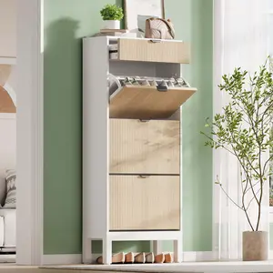 Shoe Storage Cabinet with 3 Flip Drawers, Farmhouse Fluted Shoe Organizer with Metal Legs, Freestanding Hidden Slim Narrow Shoe Rack for Entryway, Foyer, Hallway