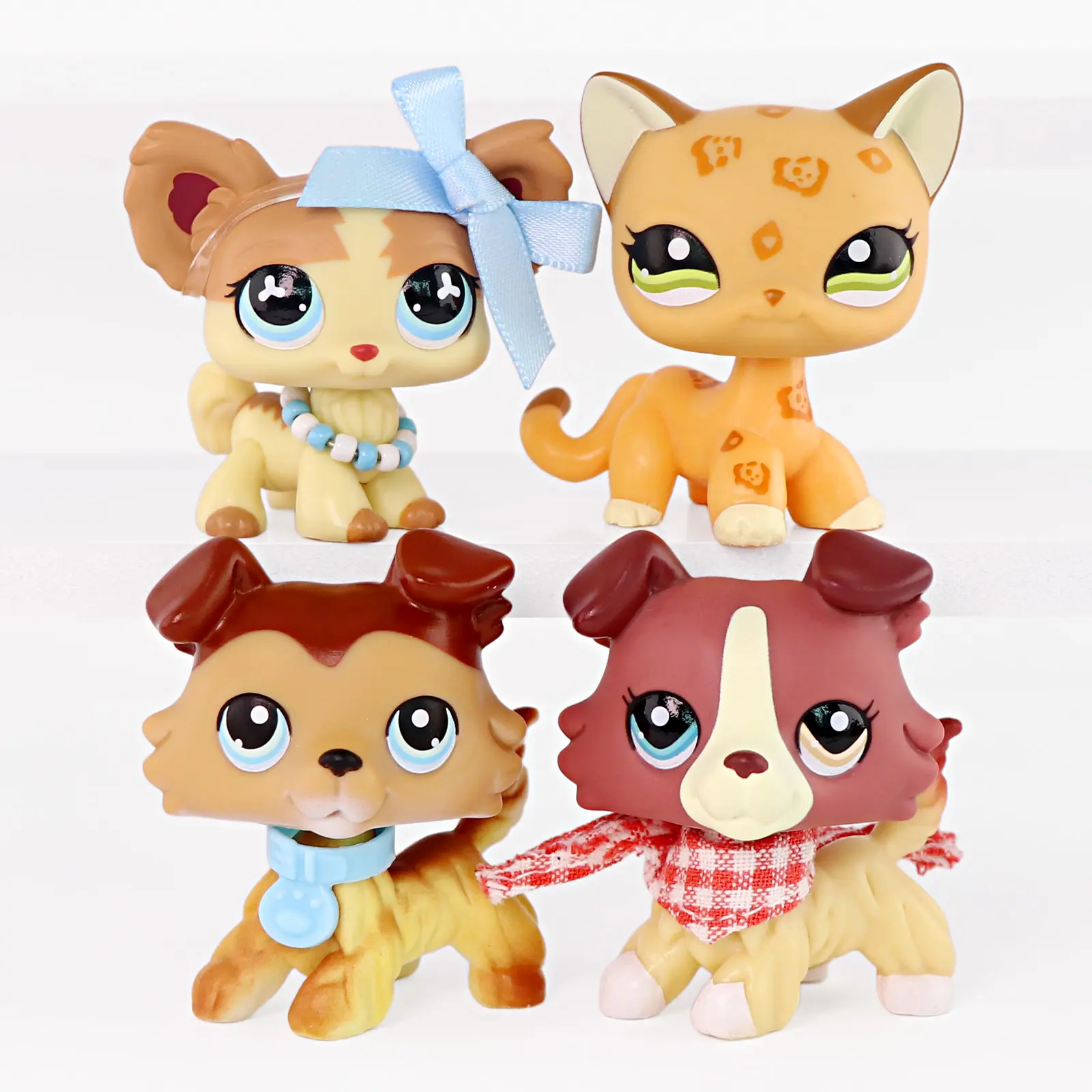 4 Pcs Cute Big Eye Kitten & Puppy Mini Figurines, Hand Painted PVC Collectible Pet Dolls with Bow, Beaded Necklace & Checkered Scarf Accessories, Pretend Play Toys, Cake Topper Ornaments & Kids Birthday Holiday Gifts