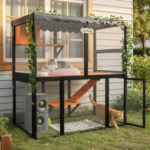 Wooden Catio Outdoor Cat Enclosure Large Cat House for Mulitiple Cats Walk ,Indoor 4 Tier Cat Enclosures House ,  Outdoor Cat Catio with Waterproof Cover,Ramp