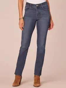 Women's High-Waisted Straight-Leg Jeans - Cotton-Polyester-Spandex-Rayon, Body-Shaping, Better-Fitting, Belly-Hiding Long All-Season Casual Bottoms, Long Jeans