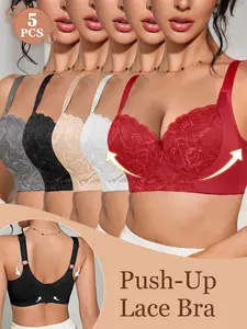 5PCS Women's Solid Color Lace Push-Up Bra, Underwire Support & Lift,Cover Side Breasts Adjustable Wide Straps, Breathable & Skin-Friendly,Comfortable Daily Wear